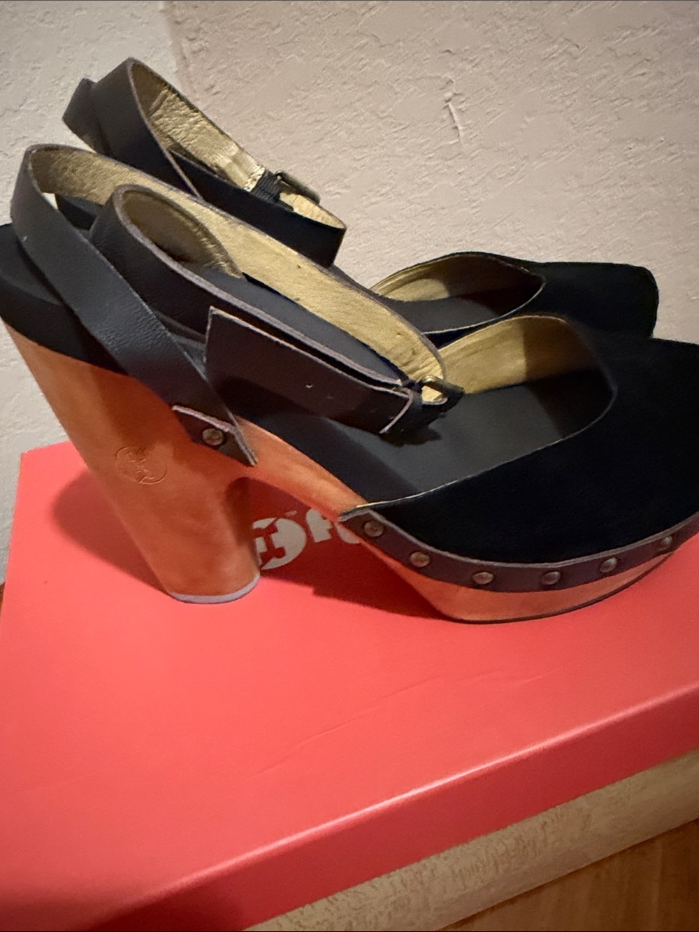 Flogg Black Suede & Tan Wood Platform Slingback Heels - Picture 3 of 7